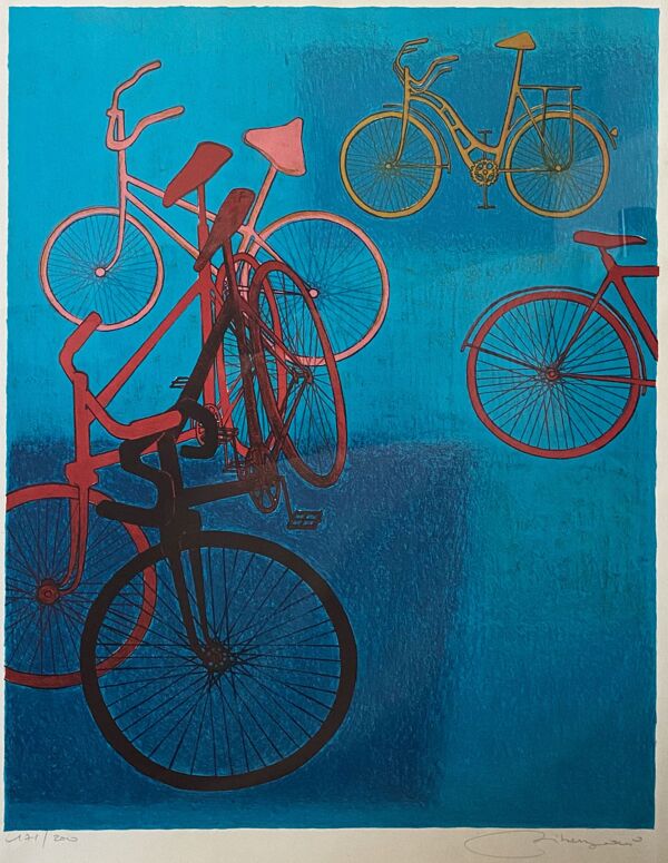 Lithographie par Daniel Riberzani ''Bicyclettes
