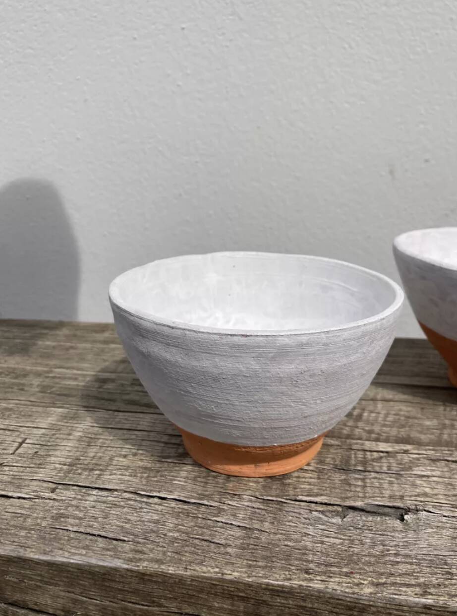 Duo of white ceramic pottery bowls wabi sabi