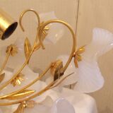 Ceiling light with opaline flowers and gilded metal