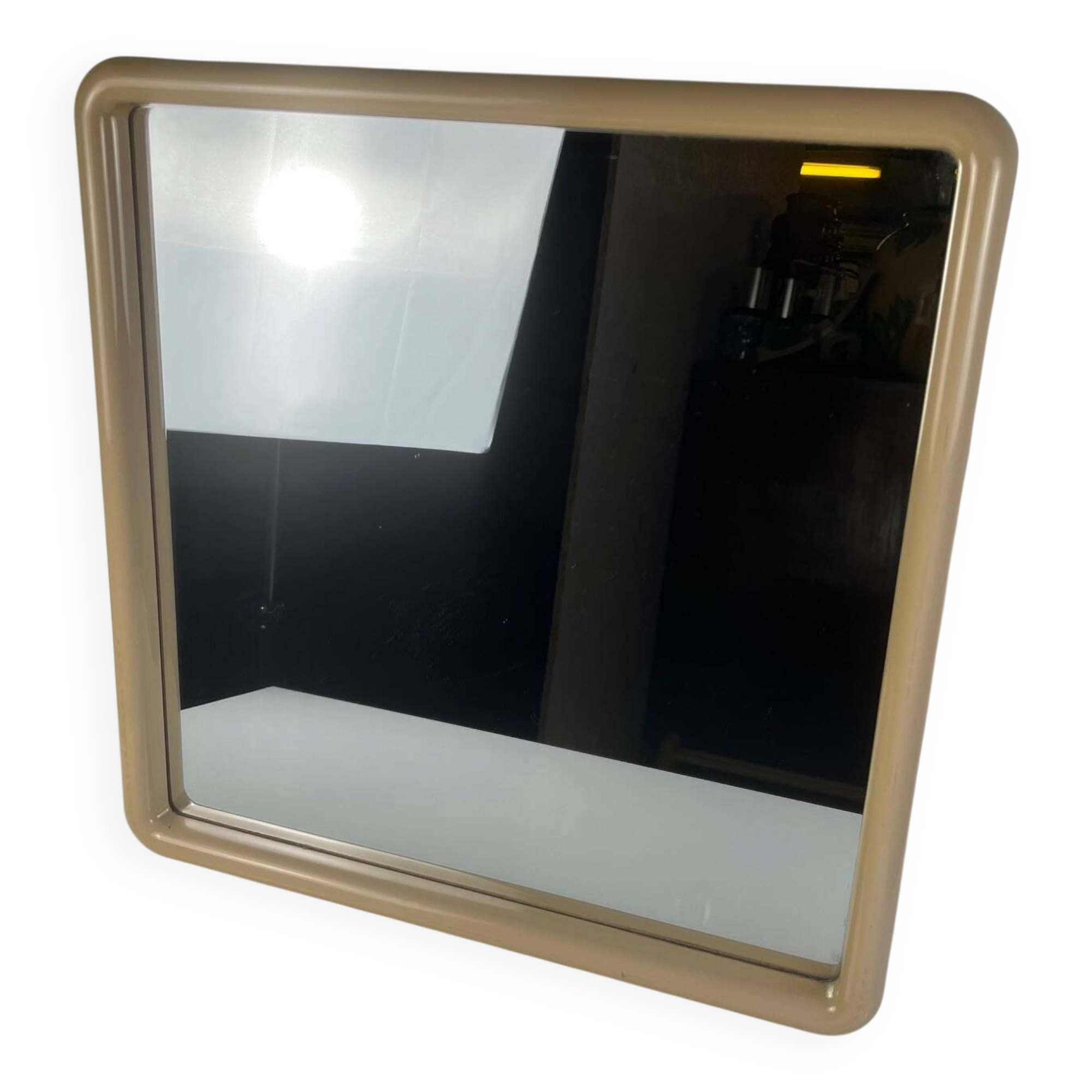 Square plastic mirror with rounded edges, cream, 1970s/80s.