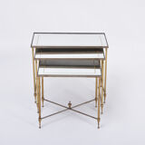 Set of Three Hollywood Regency Brass an Glass Nesting Tables Maison Jansen Style