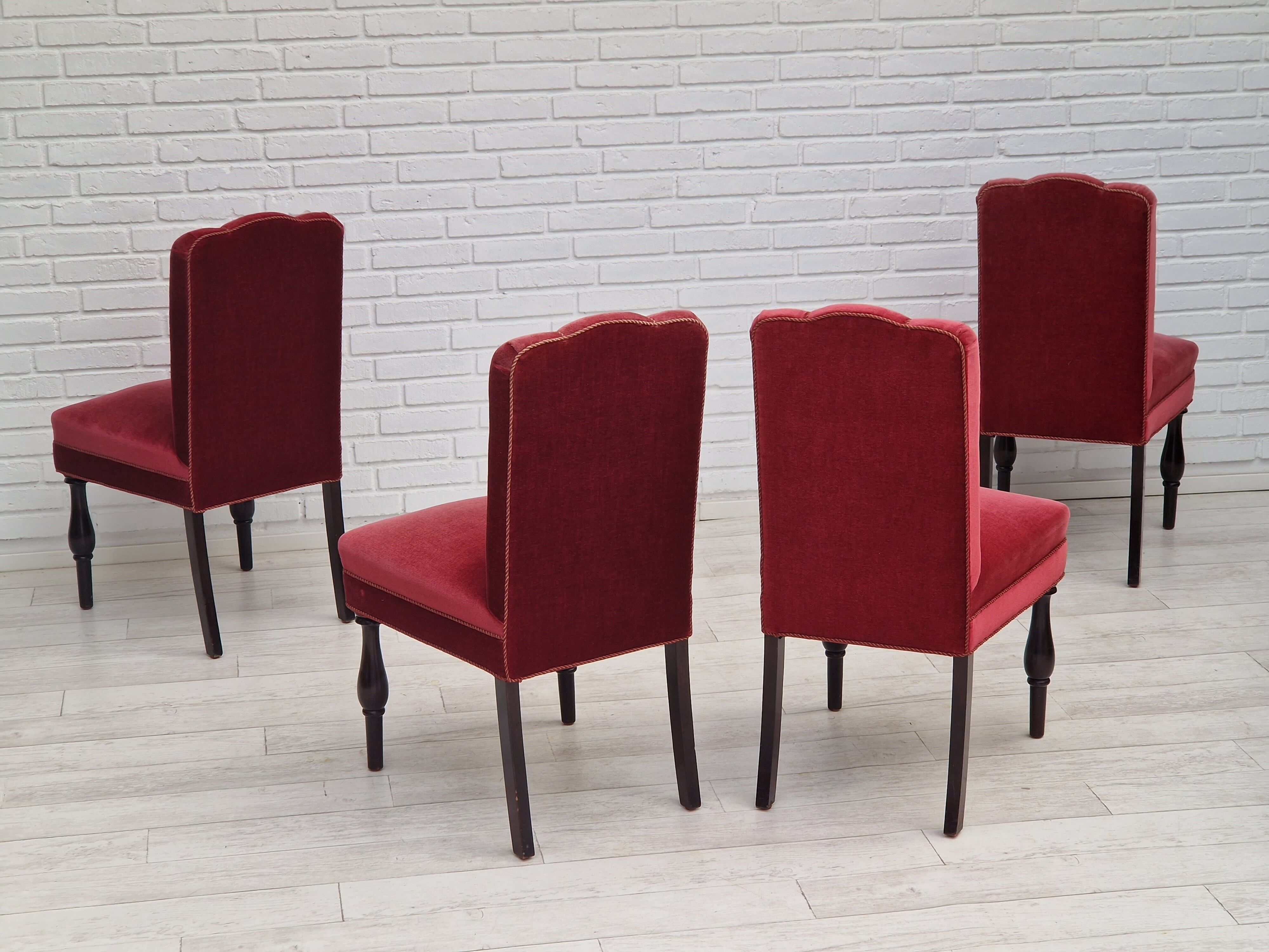 Set of 4 dinning chairs, oak wood, cherry-red velour, 1950s, danish design