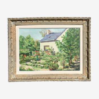 Oil on canvas 1953 Summer garden signed patinated wood frame