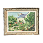 Oil on canvas 1953 Summer garden signed patinated wood frame