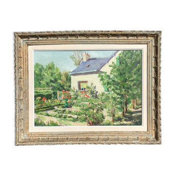 Huile sur toile 1953 Jardin d’été signée cadre bois patiné