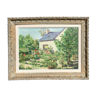 Oil on canvas 1953 Summer garden signed patinated wood frame