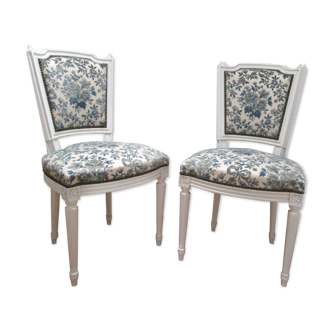 Pair of Louis XVI style chairs wood and velvet blue flower