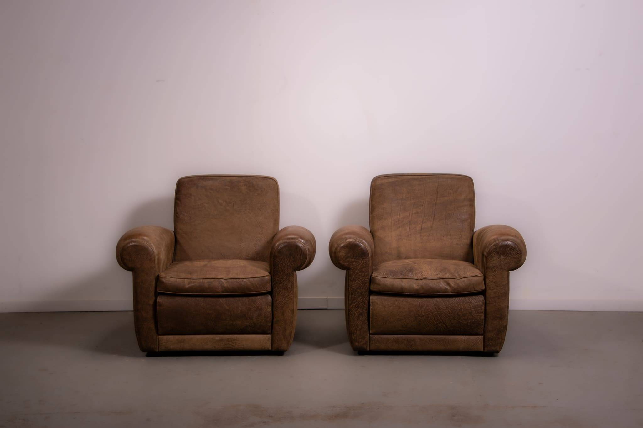 Mickey armchairs by Baxter Italy in Nabuk camel leather, circa 1998