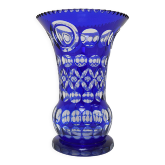 Vase bleu cobalt en cristal de plomb taillé à la main par caesar crystal bohemiae co, années 1980