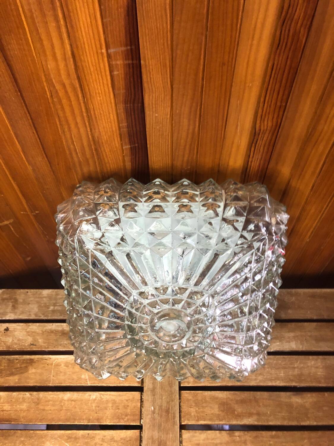 Old molded glass ceiling light + vintage black metal support