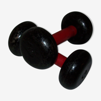 Red wooden and cast-iron dumbbells