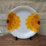 Vintage round serving dish with yellow flowers, Ironstone, 1970s, Italy.