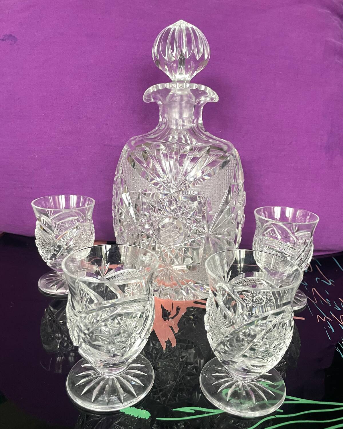 Bohemian crystal decanter and 4 glasses