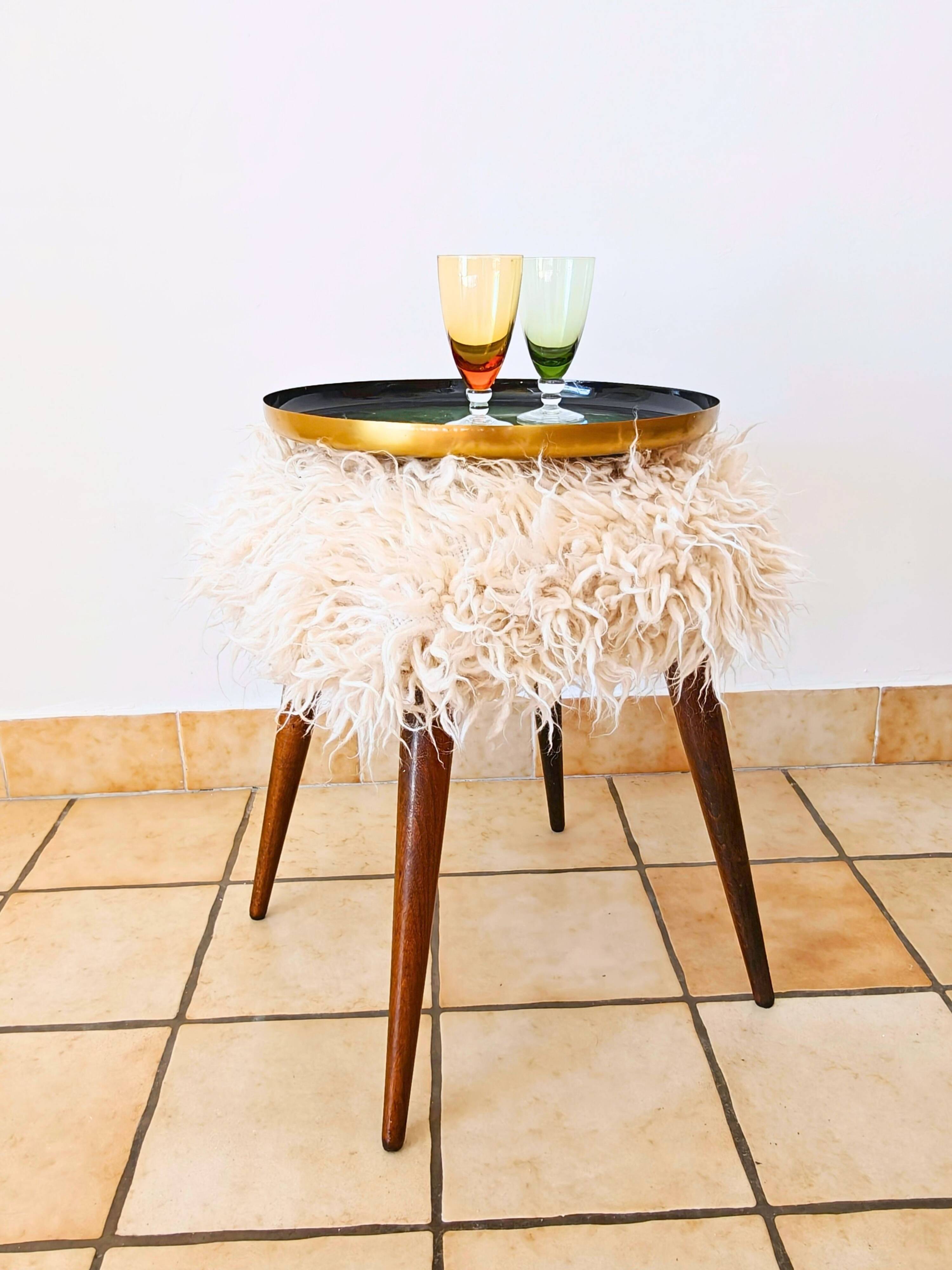 Mid-Century stool with splayed legs in genuine wool