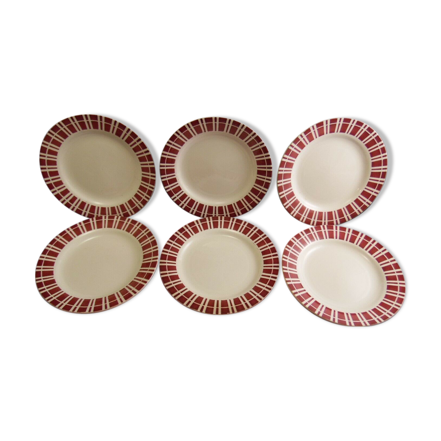 Lot 6 plates dessert faience vintage white red décor 9611 Sarreguemines