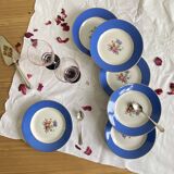 6 antique blue ceramic dessert plates with flowers and gilding from Saint Amand Hamage.
