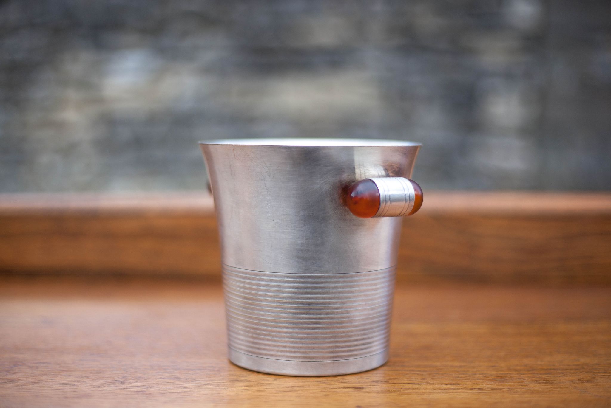 Art Deco ice bucket, silver metal ice bucket Bakelite handles