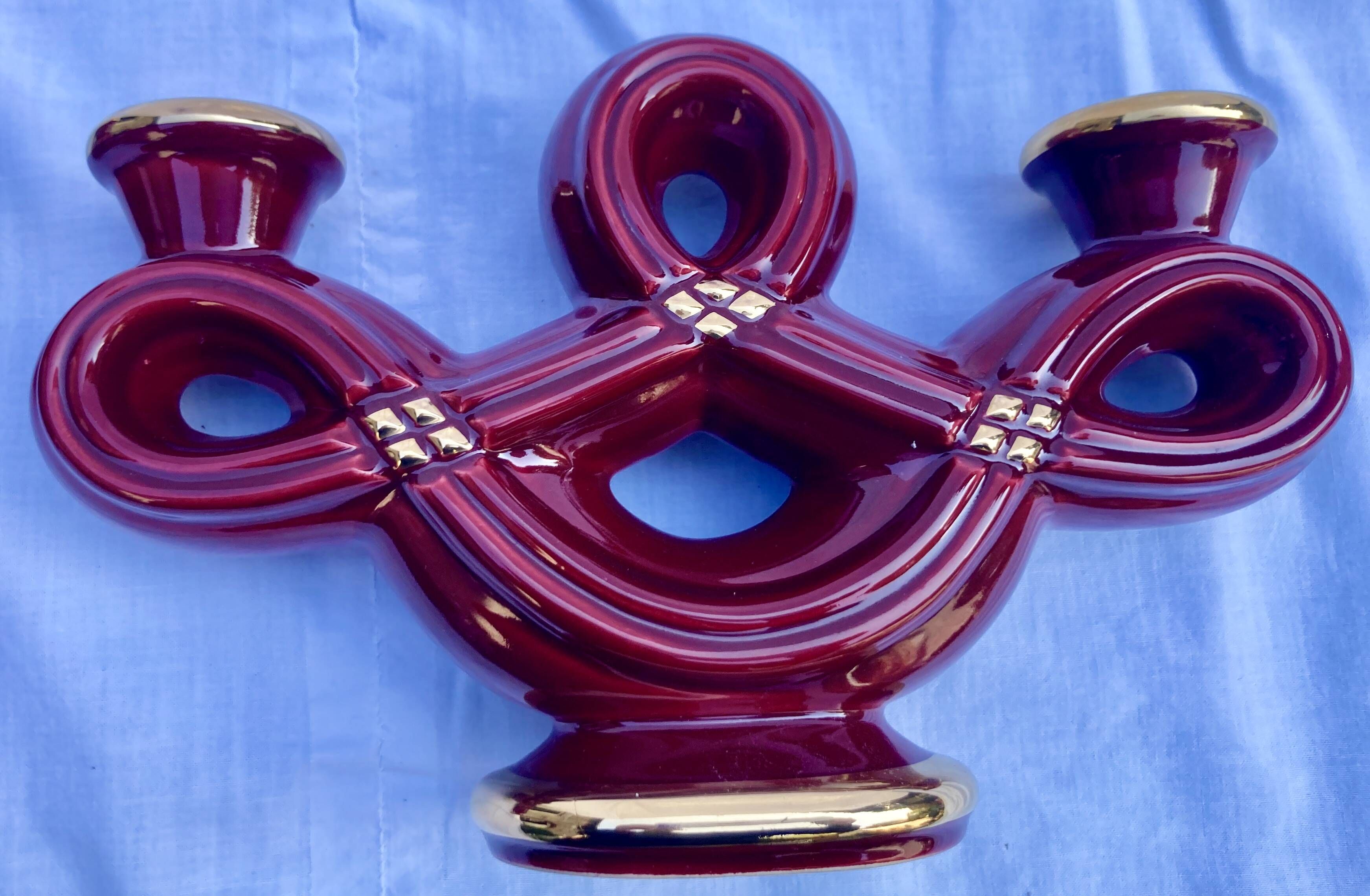Double Candle Holder Vallauris Vintage Red Burgundy Ceramic Massier Style