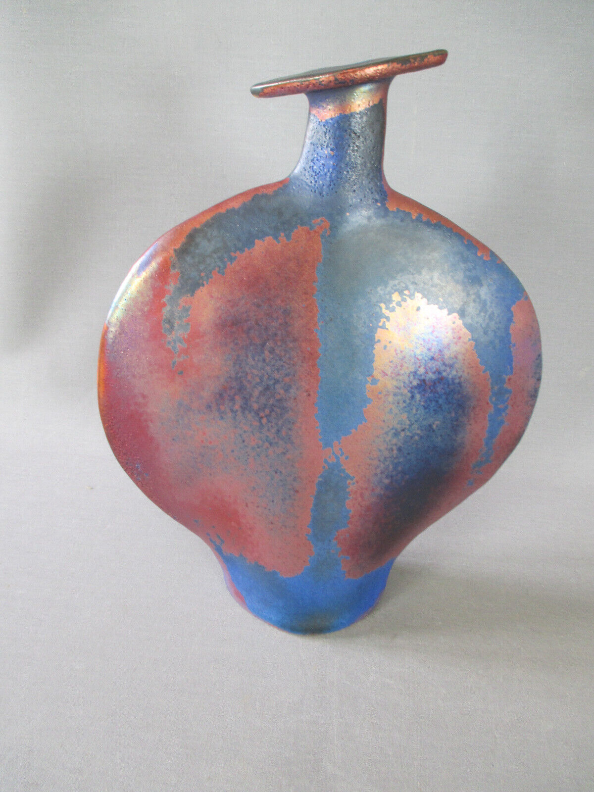 Lrge flat iridescent sandstone vase signed