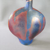Lrge flat iridescent sandstone vase signed