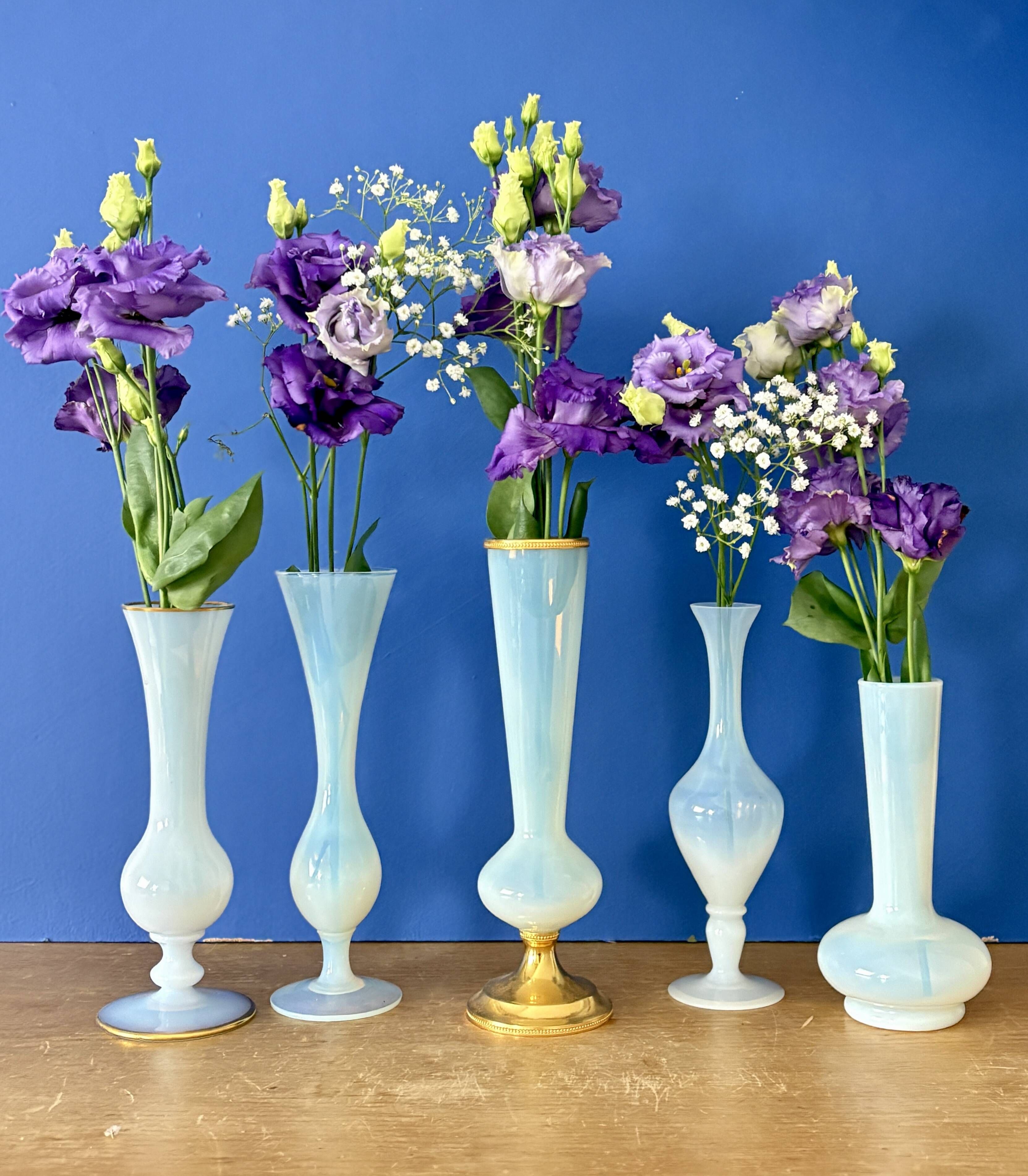 Set of 5 soliflores or antique vases in white opaline and brass.