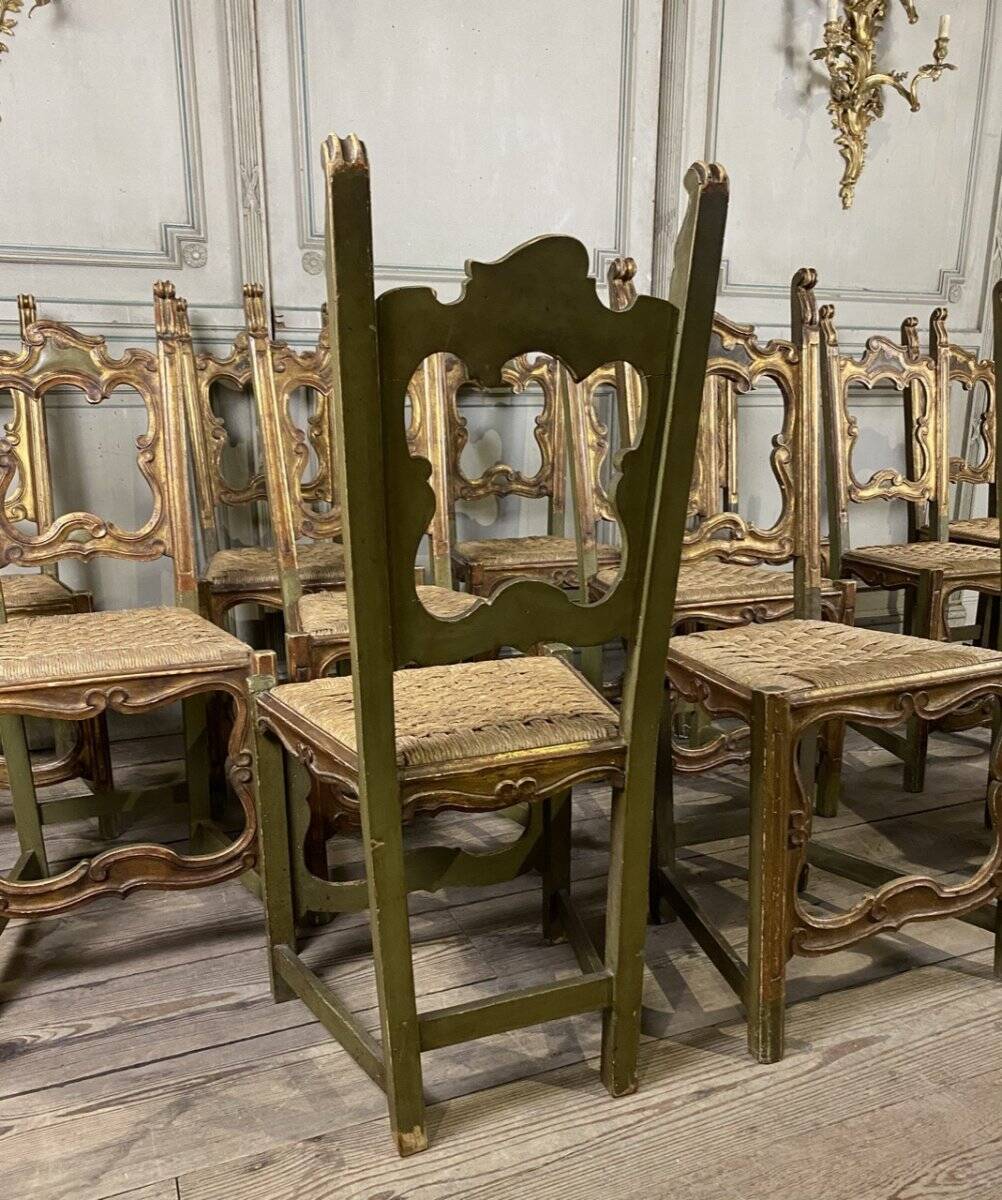 Set of 12 carved wooden chairs, Italy