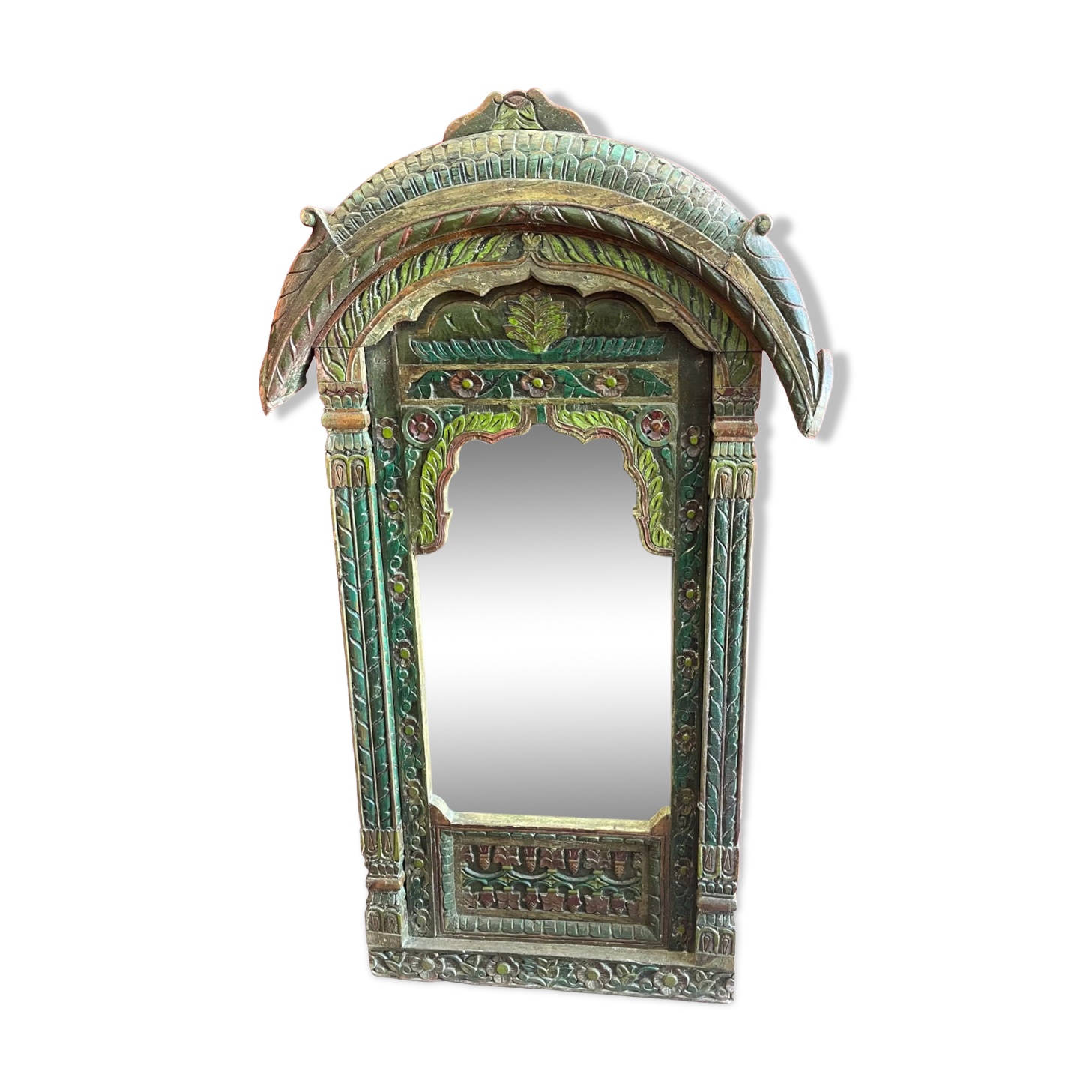 Polychrome teak mirror plant décor India Rajasthan late 1800 97x163cm