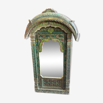 Miroir polychrome en teck fin XIXème décor végétal Inde Rajasthan 97x163cm