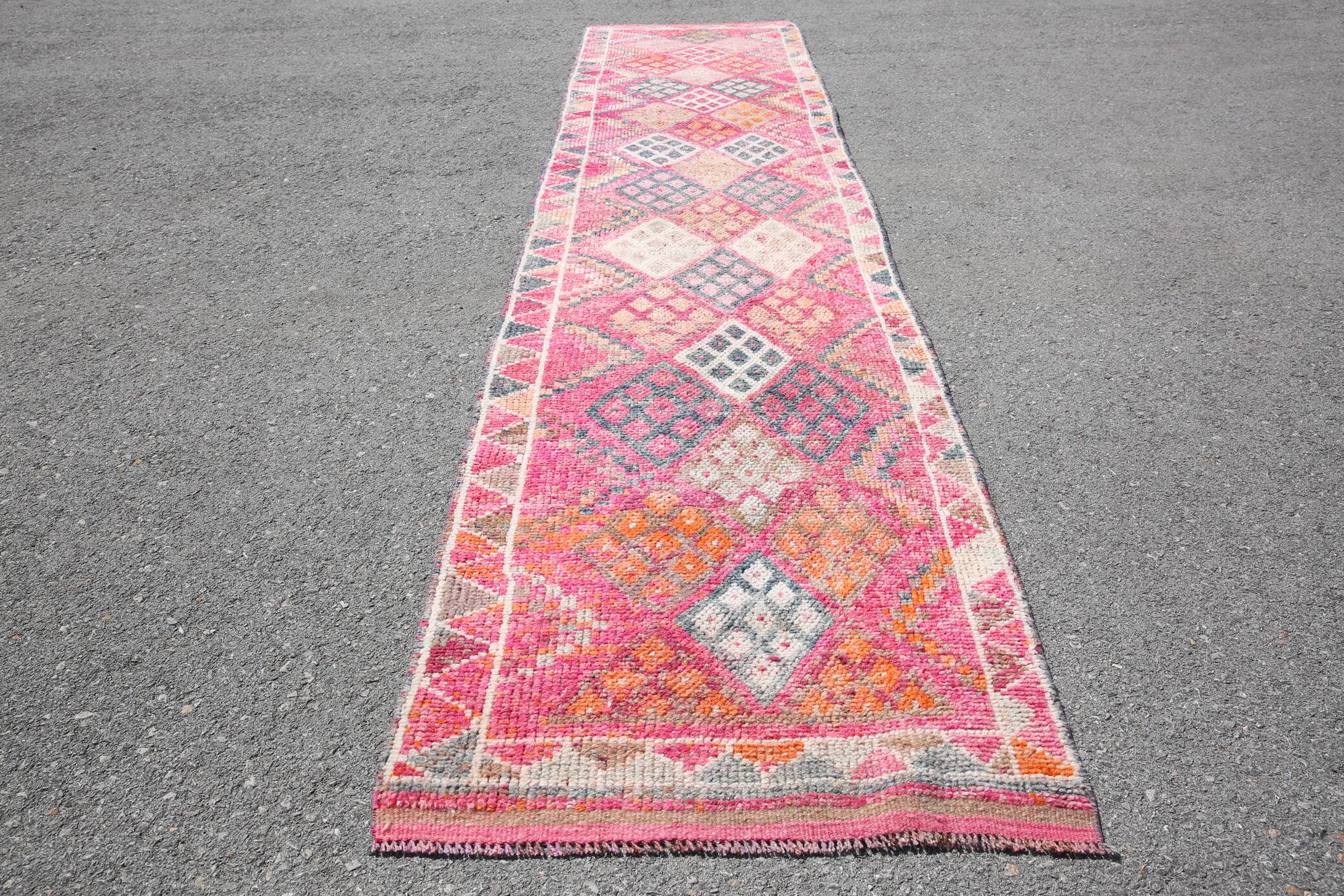 Hot Pink Turkish Runner Rug, Vintage Boho Hallway Carpet, 83x353 Cm
