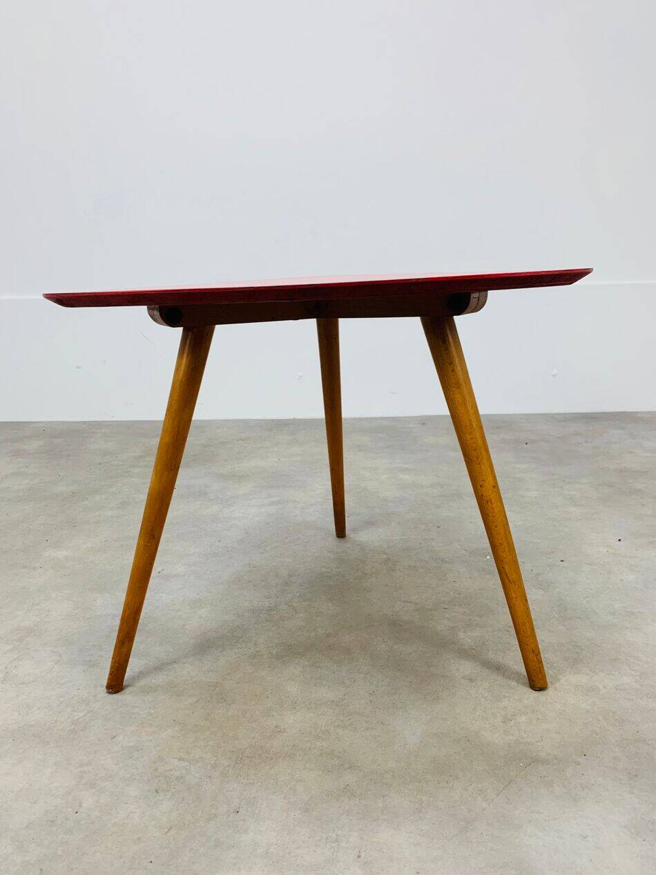 Steiner tripod side table by Baumann, wood, red top, 60s