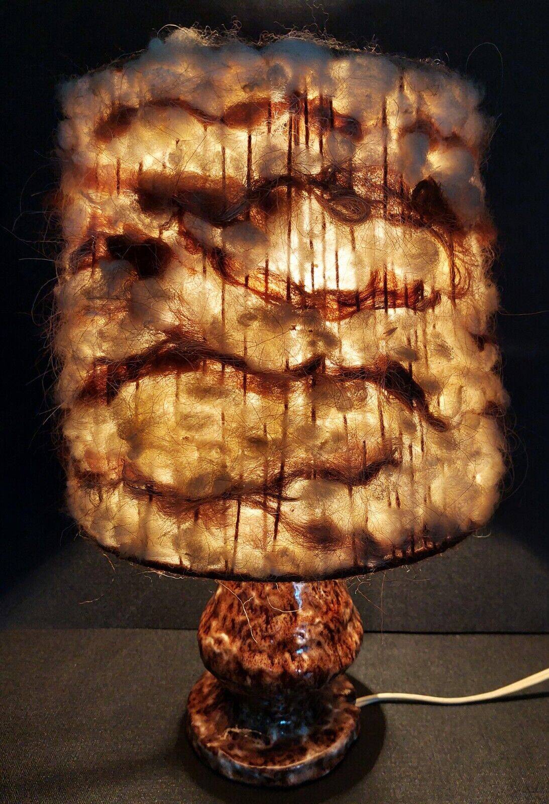 Vintage bedside lamp with wool shade and varnished terracotta base from the 60s