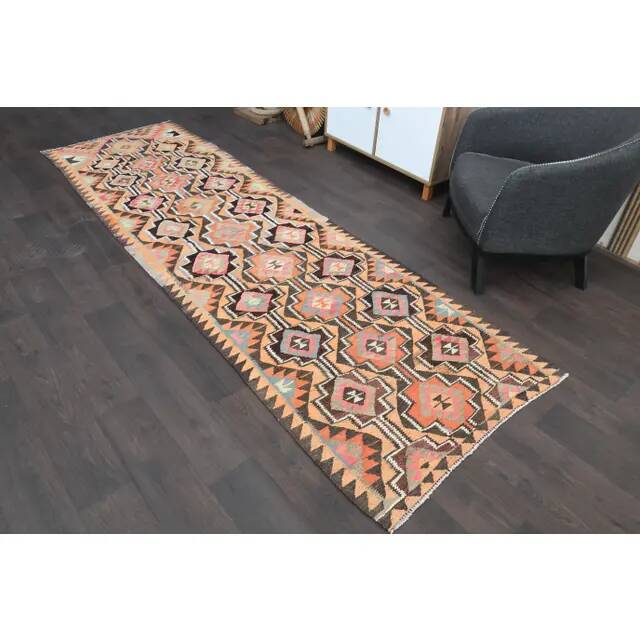 1970s Turkish Oushak Handmade Wool Cotton Orange Runner Rug 103x325
