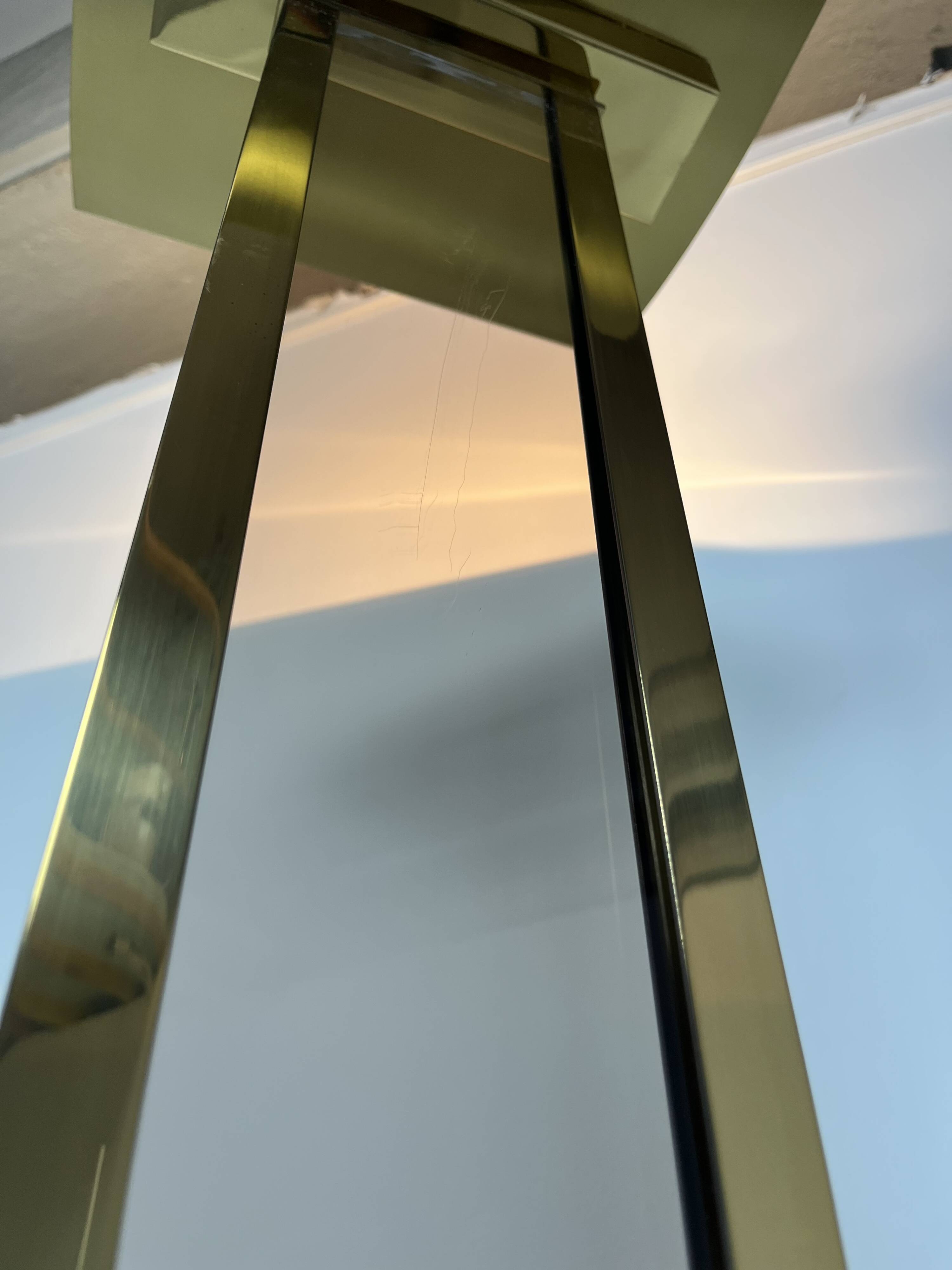 70s floor lamp in brass and smoked plexiglass, Hollywood Regency