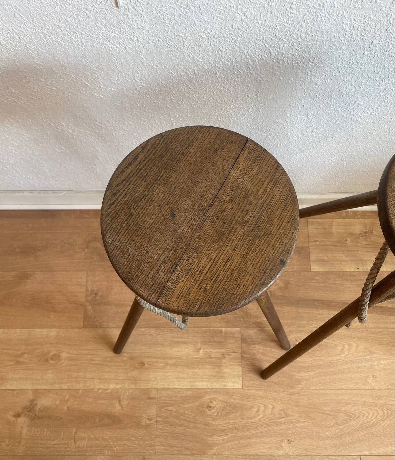 Pair of bar stools, wood and leather, circa 1950