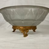 Fruit cup centerpiece in frosted glass and art nouveau art deco bronze signed Muller frères
