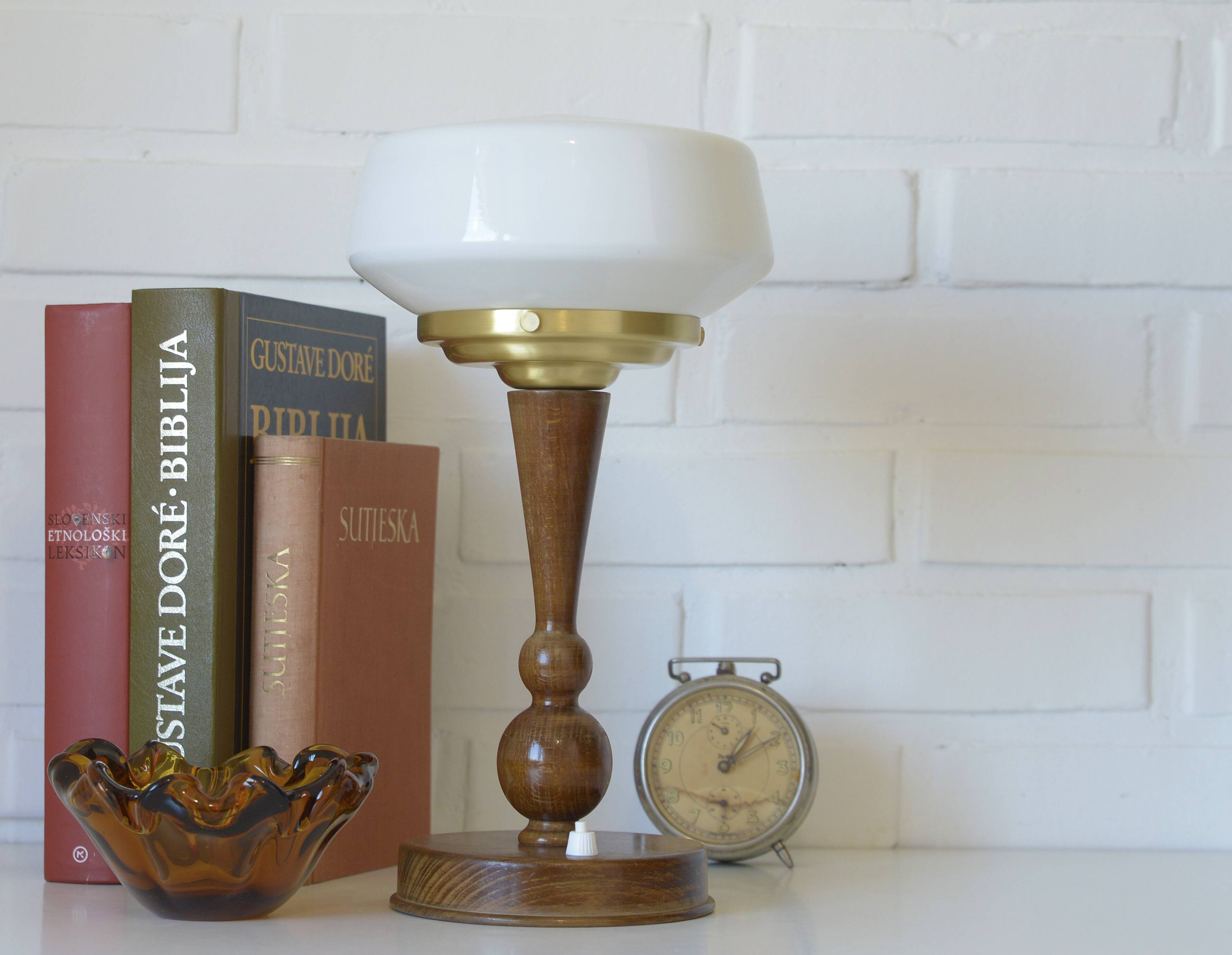 Art Deco Table Lamp | Vintage White Opaline Mushroom Glass | Restored Solid Wood | Fully Rewired | Bauhaus Style