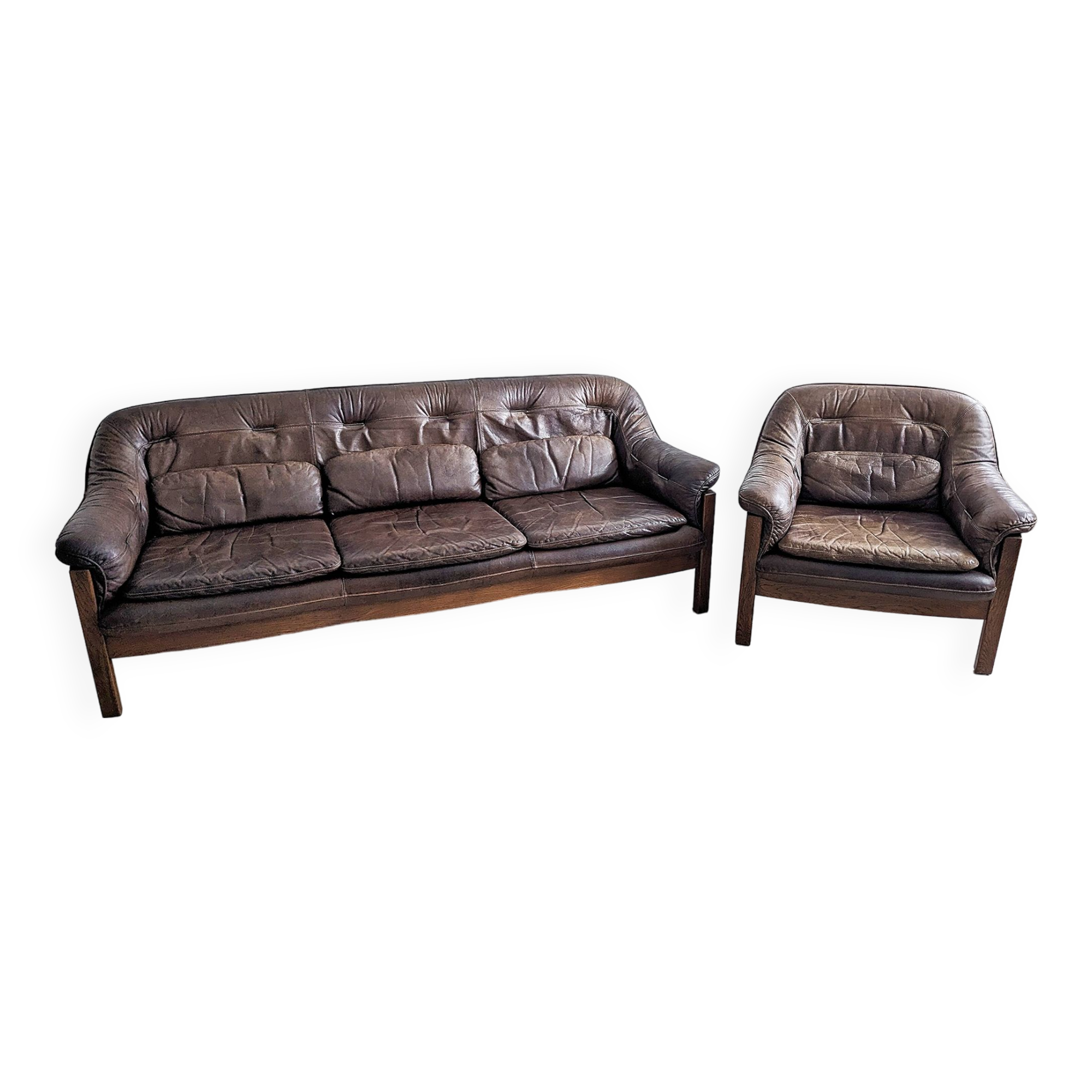 Brutalist Set of Leather Sofa & Loungechair by Hain & Thome 1970's