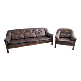 Ensemble brutaliste de canapé et chaise longue en cuir par Hain & Thome 1970