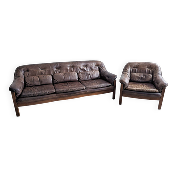 Brutalist Set of Leather Sofa & Loungechair by Hain & Thome 1970's