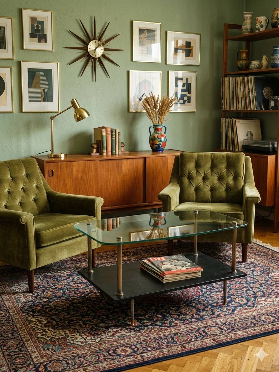 Vintage coffee table from the 1960s, glass, faux leather, brass.