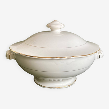Tureen or vegetable in old earthenware Moulin des loups white and gold vintage tableware