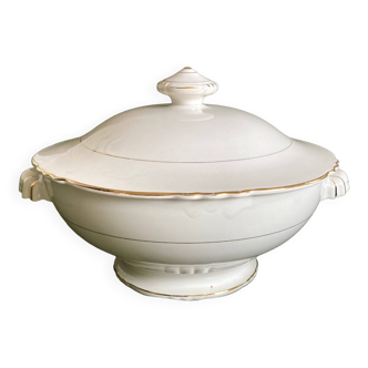 Tureen or vegetable in old earthenware Moulin des loups white and gold vintage tableware