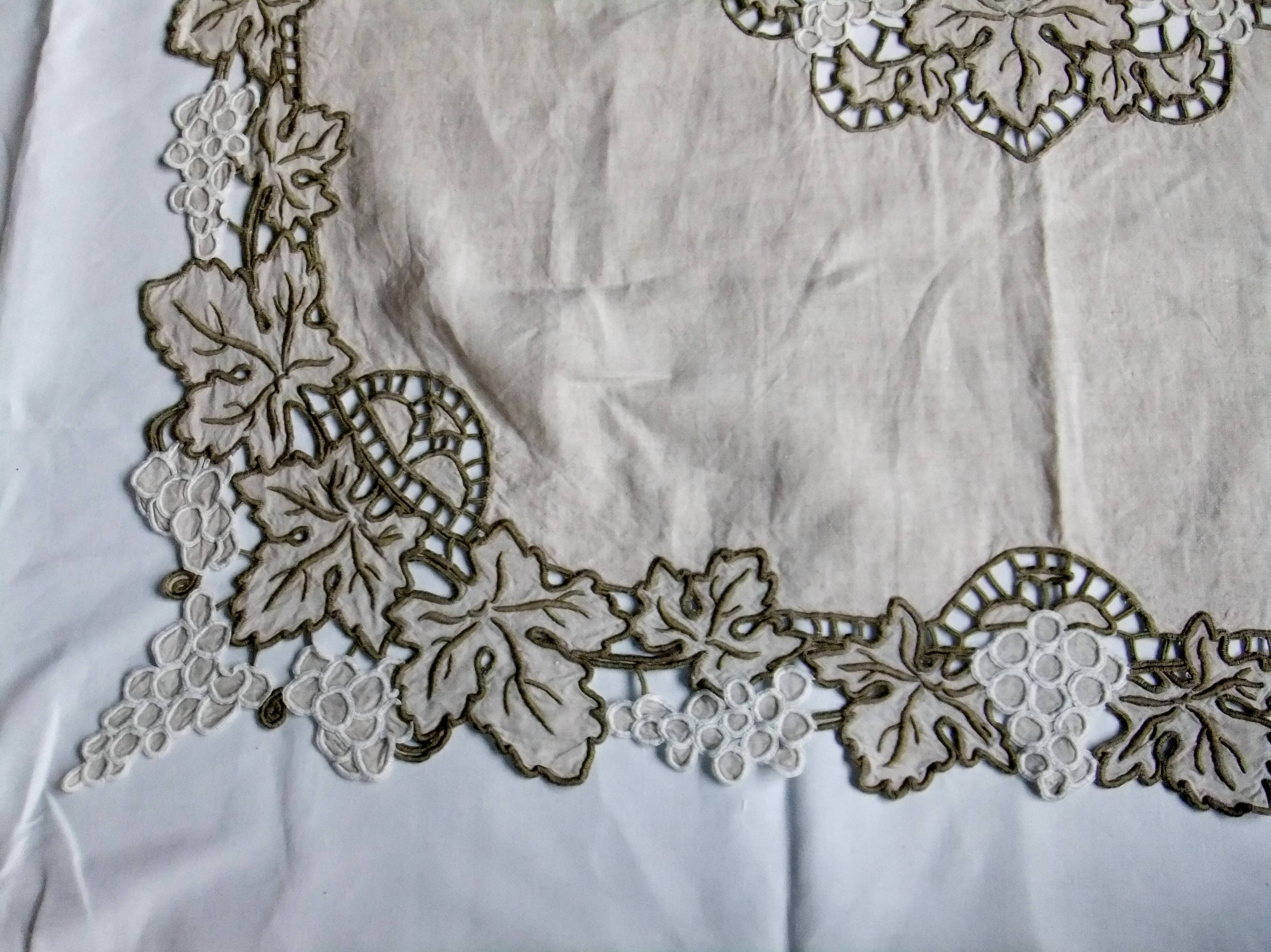 Antique linen tablecloth embroidery Richelieu scalloped linen centerpiece 128 cm