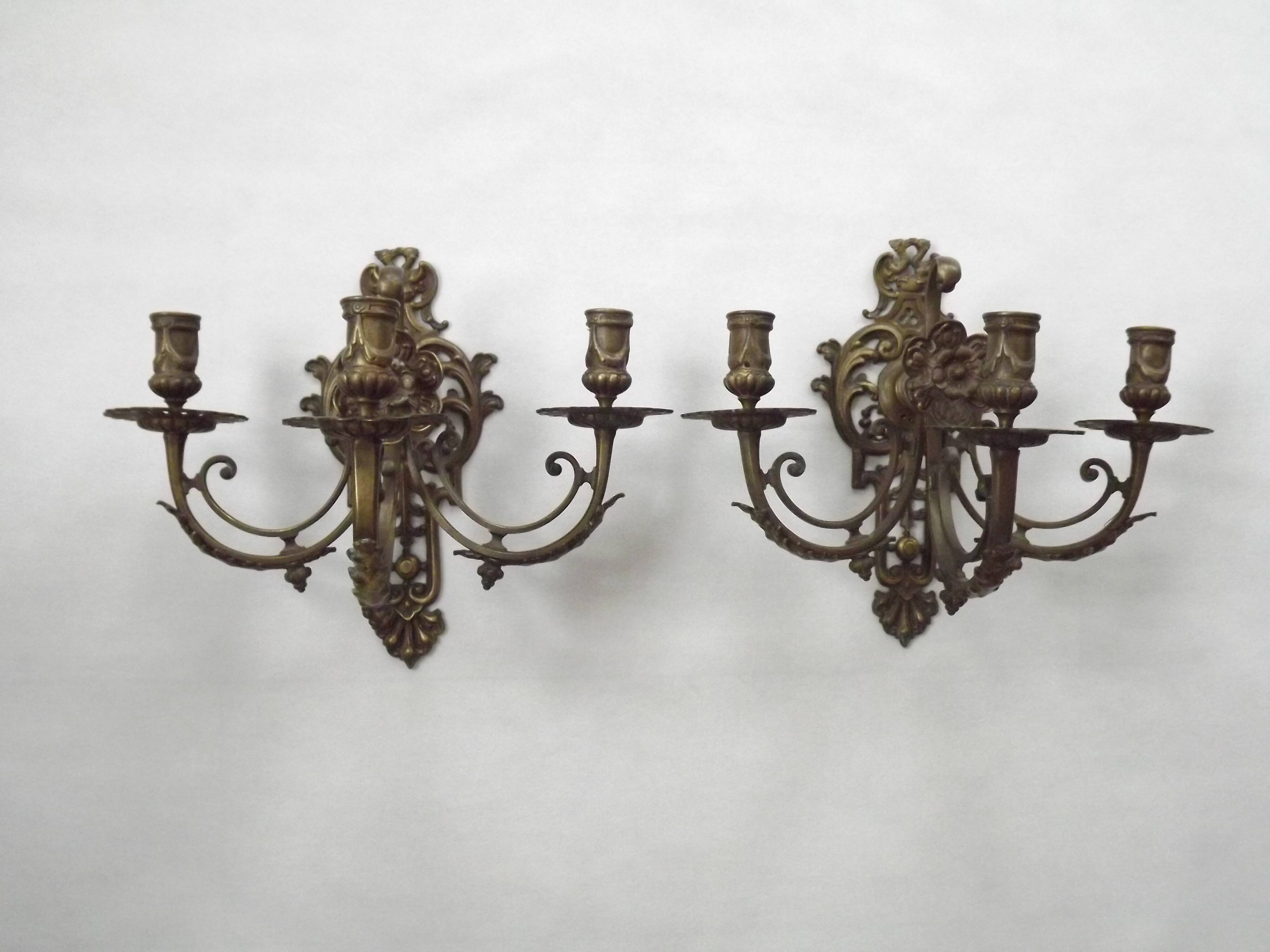 Pair of Heavy Victorian Bronze Triple Wall Sconces Griffin & Flower Detail