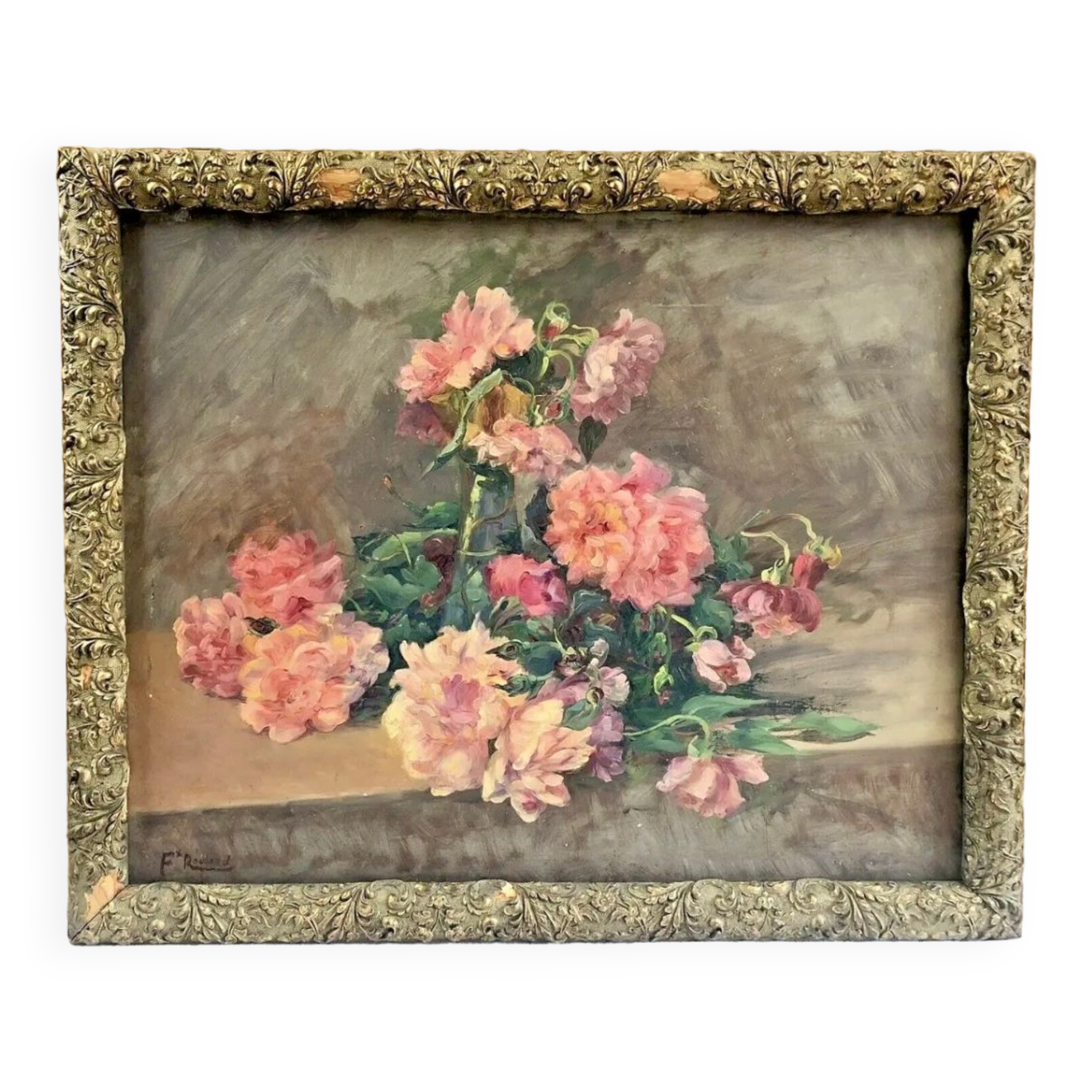 François Félix Roubaud Still life oil on wooden panel bouquet roses peonies XIX