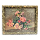 François Félix Roubaud Still life oil on wooden panel bouquet roses peonies XIX