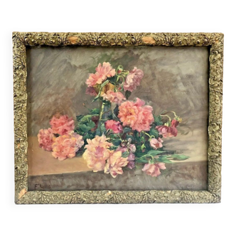 François Félix Roubaud Still life oil on wooden panel bouquet roses peonies XIX