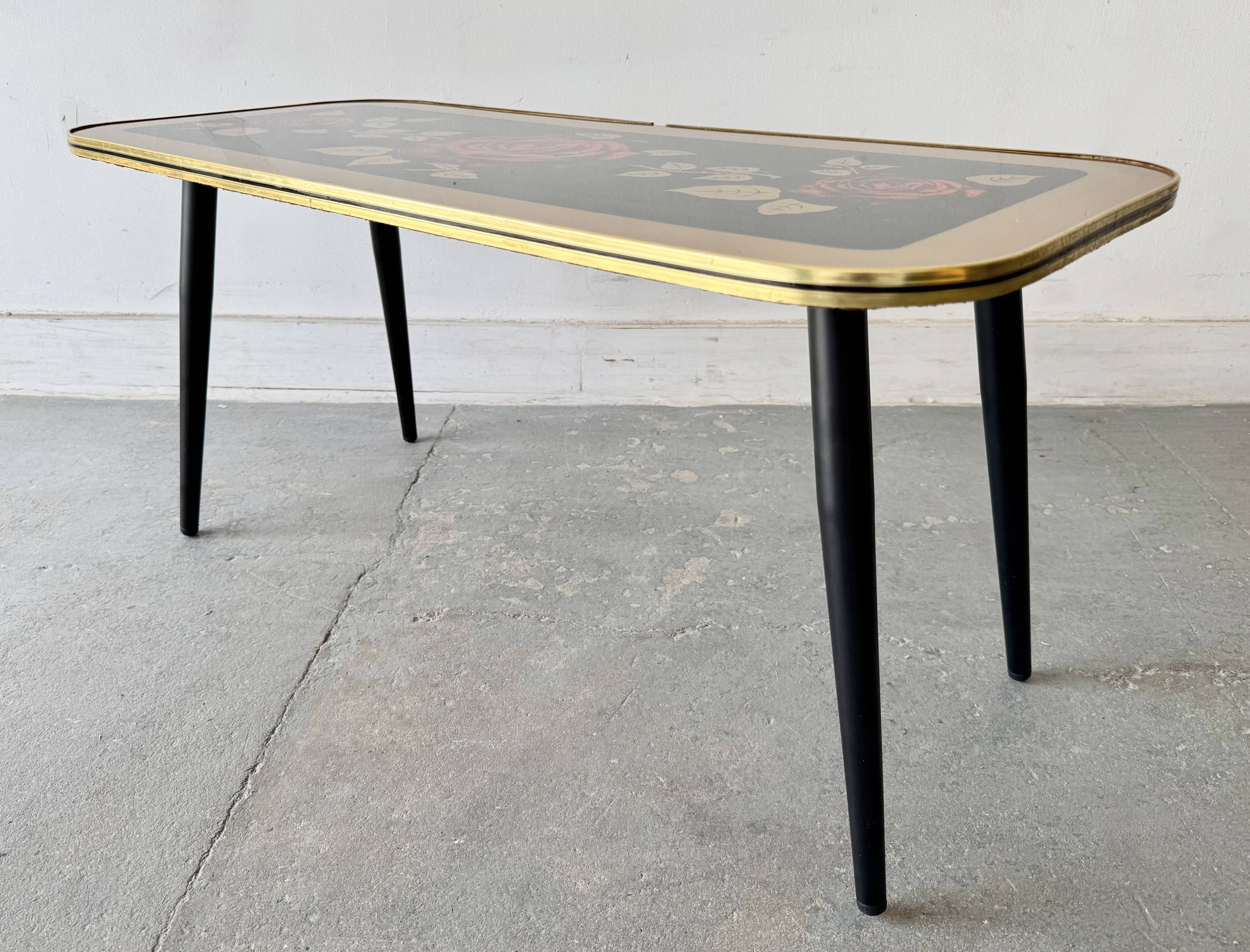 Vintage Coffee Table Floral Glass Top Tapered Legs