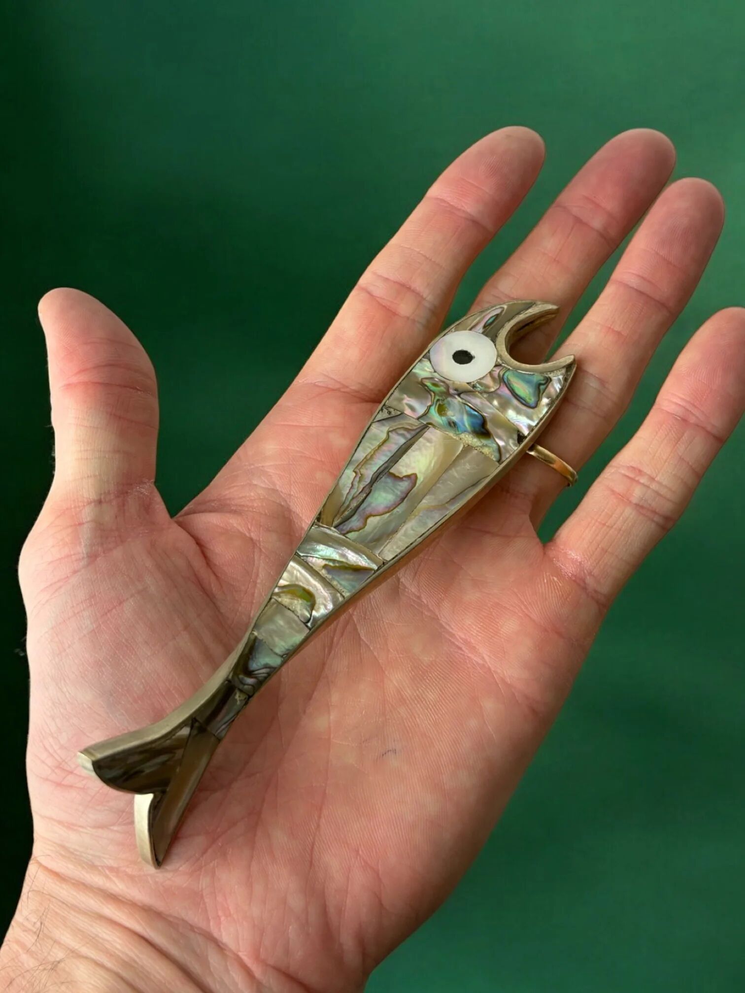 Fish bottle opener, abalone shell & alpaca, Mexico, 1980