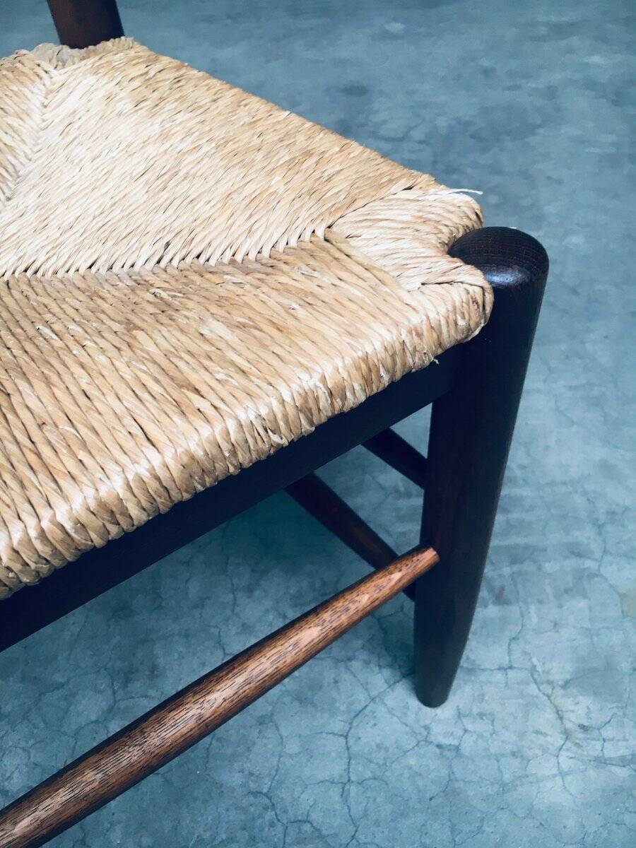 Rustic Ladder Back Oak and Rush Dining Chairs, 1960s, Set of 4